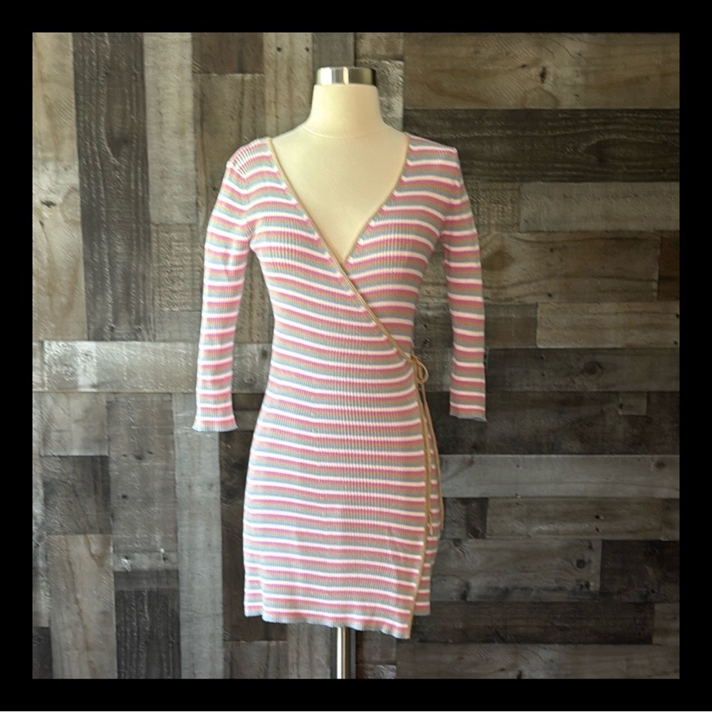 Lulu’s long sleeve wrap dress small Barbie Softgirl pastel stripes romantic